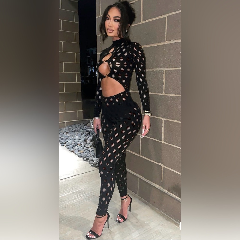 Black Cutout Long-Sleeve Jumpsuit